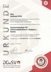Urkunde Andreas Förth Schimmel Sachverständiger DGuSV